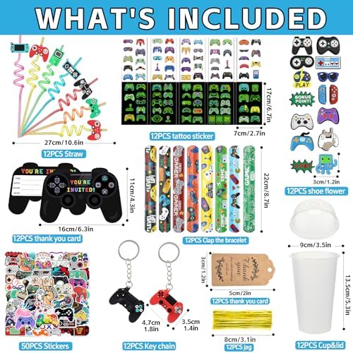 Gaming Party Favors Set with Keychains Stickers Straws