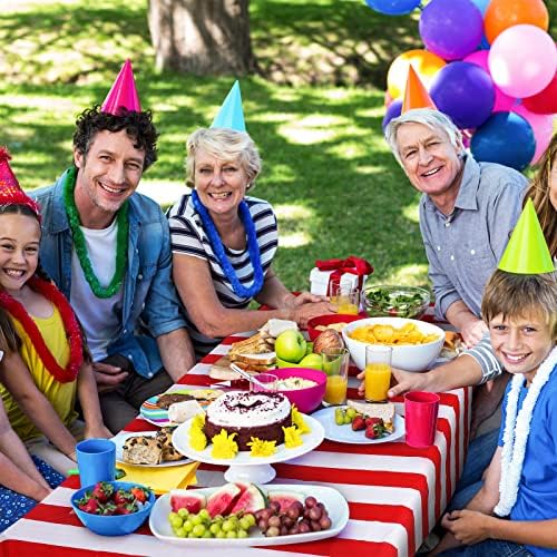Elcoho 2 Pack 54x107 Inch Plastic Red and White Stripes Tablecloths for Carnival Movie Night Decorations