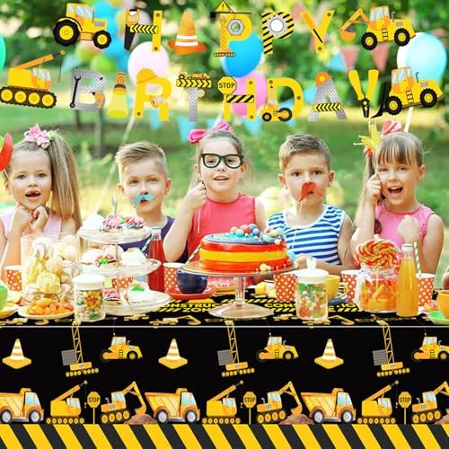 3 Pieces Construction Table Cloth 54x108 Inch Dump Truck Table Covers for Boys Birthday Party Supplies and Decorations