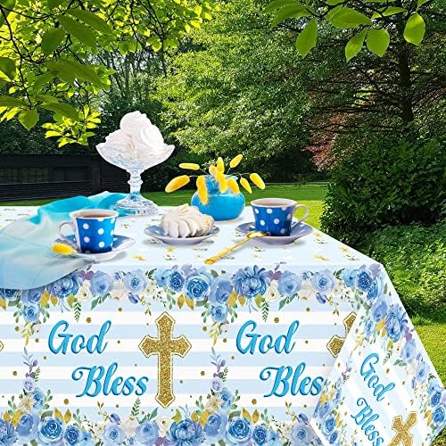 3 Packs Blue Baby Boy Baptism Tablecloths with Cross and Flowers