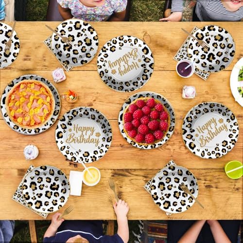 Grencian 96 Pcs Cheetah Print Party Plates Napkins Forks Serving 24