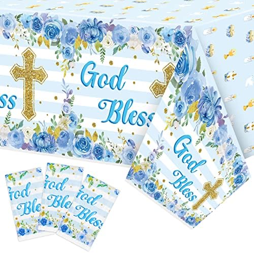 3 Packs Blue Baby Boy Baptism Tablecloths with Cross and Flowers