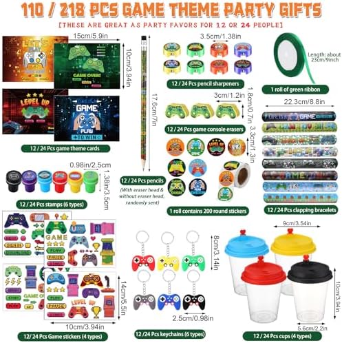 110 Pcs Gamer Party Favor Set with Cups Stickers Keychains and More