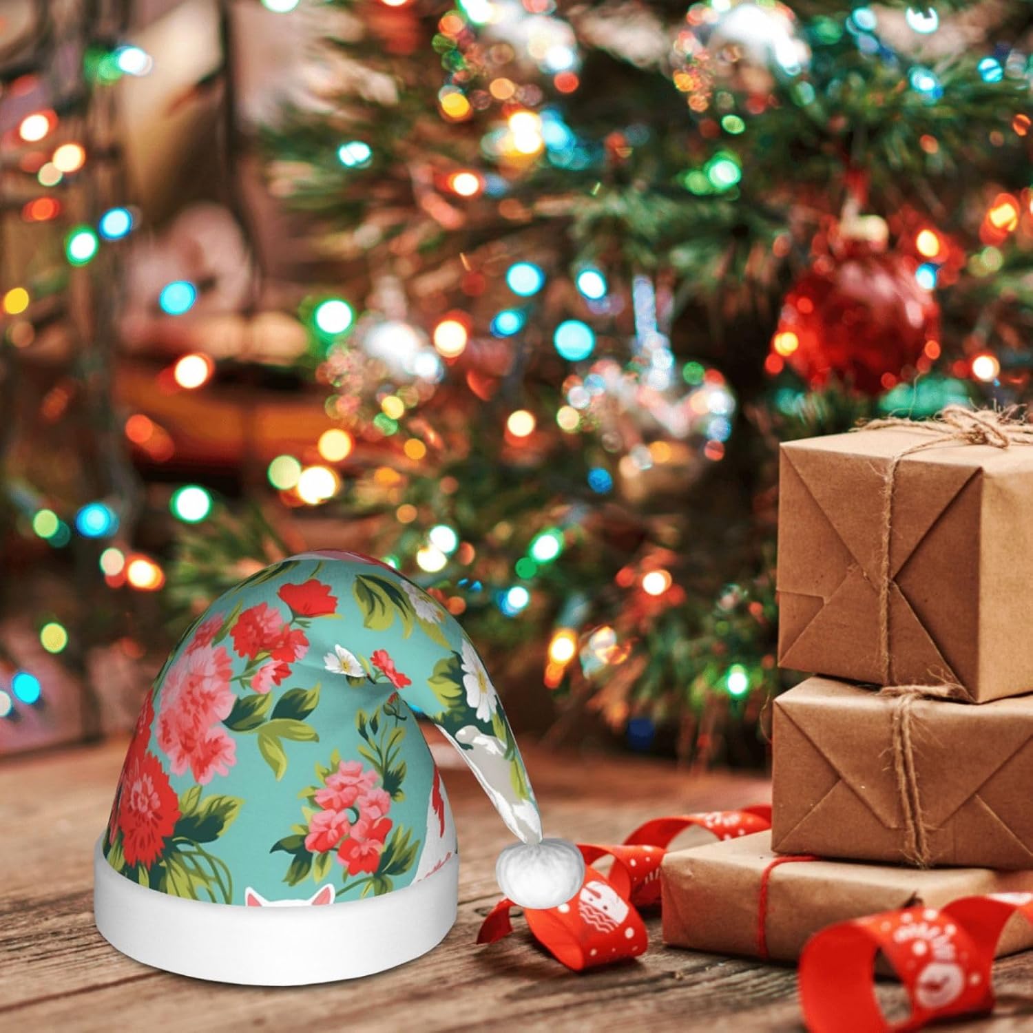 Vintage Cats and Flowers Santa Hat for Kids