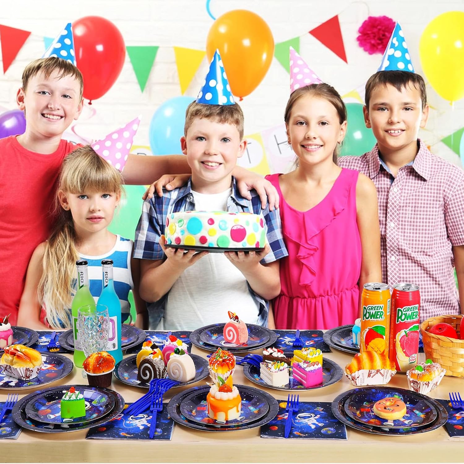 SCIONE 96 Pcs Outer Space Party Decorations Galaxy Plates Napkins Forks Set for 24 Guests