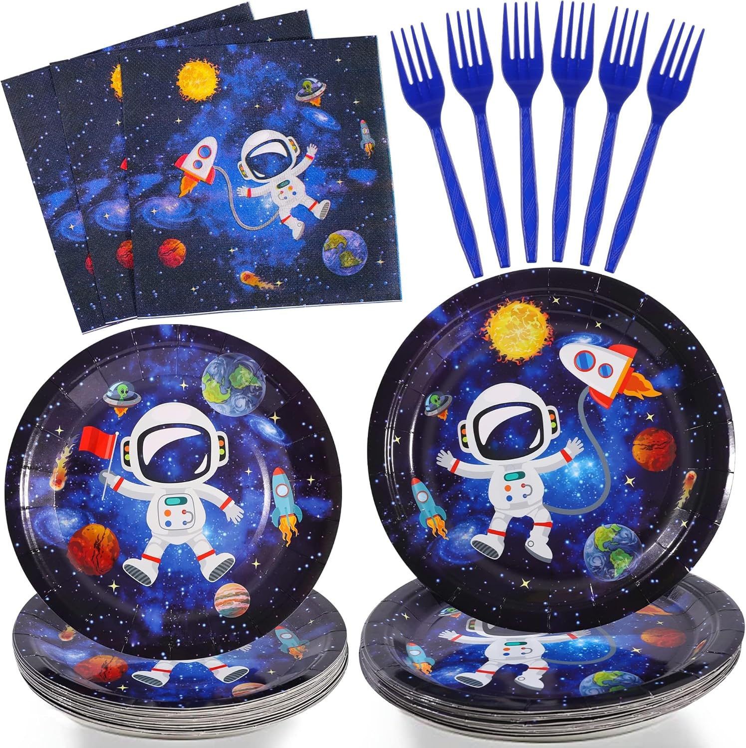 SCIONE 96 Pcs Outer Space Party Decorations Galaxy Plates Napkins Forks Set for 24 Guests